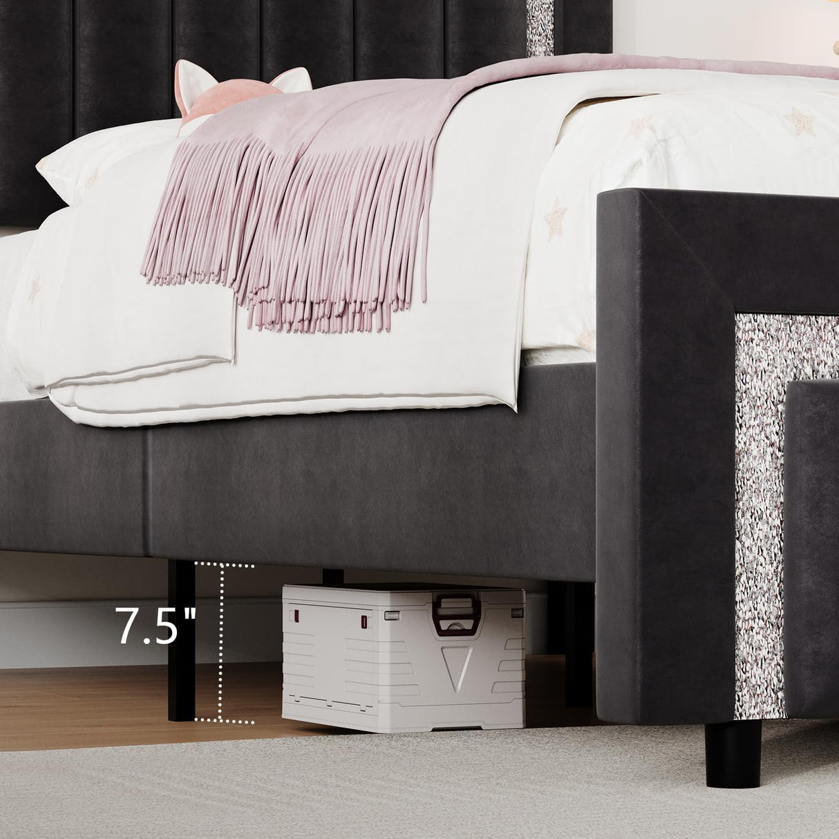 HOMBCK Queen Bed Frame, Upholstered Bed Frame with Diamond Headboard and Footboard, Black Queen Bed Frame with Velvet Vertical Channel Tufted Headboard, No Box Spring Needed, Easy Assembly, Black HOMBCK