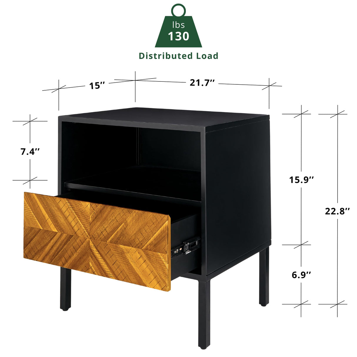 Bme Vivian Solid Wood Nightstand, End Table, Bedside Table with Herringbone Pattern for Rustic Bedroom, Easy Assembly, Rustic Golden Brown and Black Bme