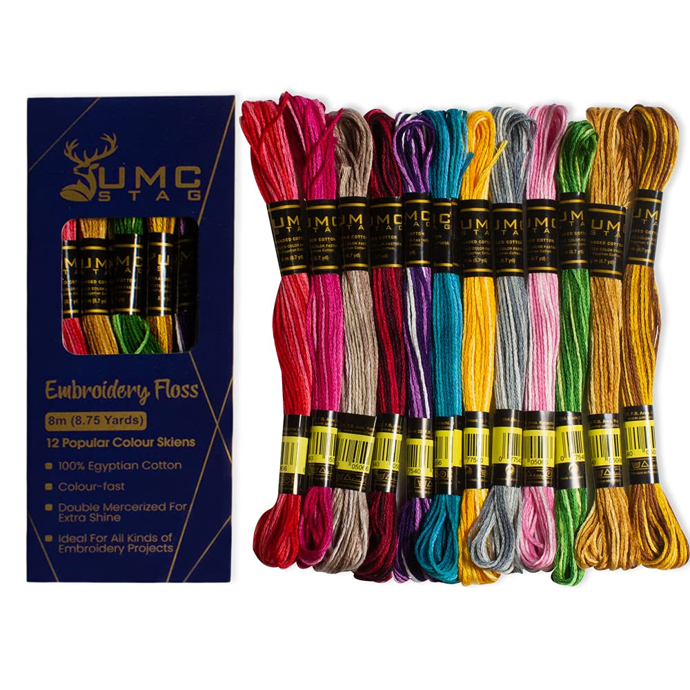 UMC STAG 12 Pieces Variegated Colours Premium Embroidery Thread | 100% Egyptian Cotton Premium Skeins | Cross Stitch Embroidery Floss | Oeko TEX Certified Stranded Cotton | Ideal for Arts & Crafts UMC STAG