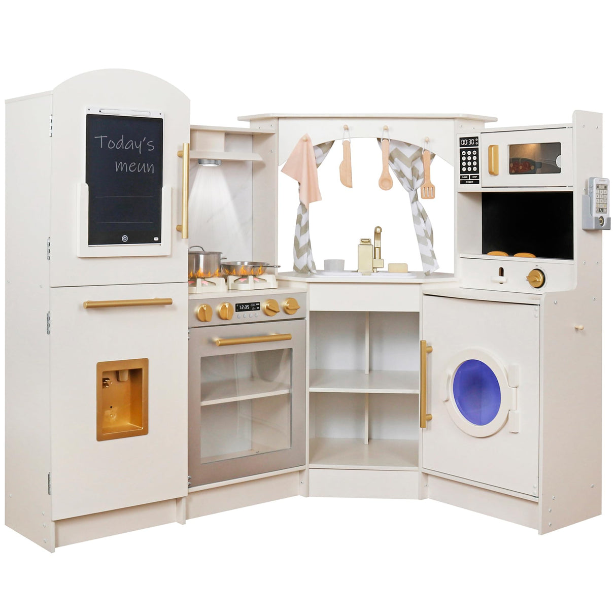 Large Wooden Corner Play Kitchen Sets with Ice Maker,Water Dispenser,Bread Maker,Washing Machine,Electronic Display,Toy Sink with Running Water,Stove with Light&Sounds, Birthday Gift for 3+Boys Girls Buoyantkids