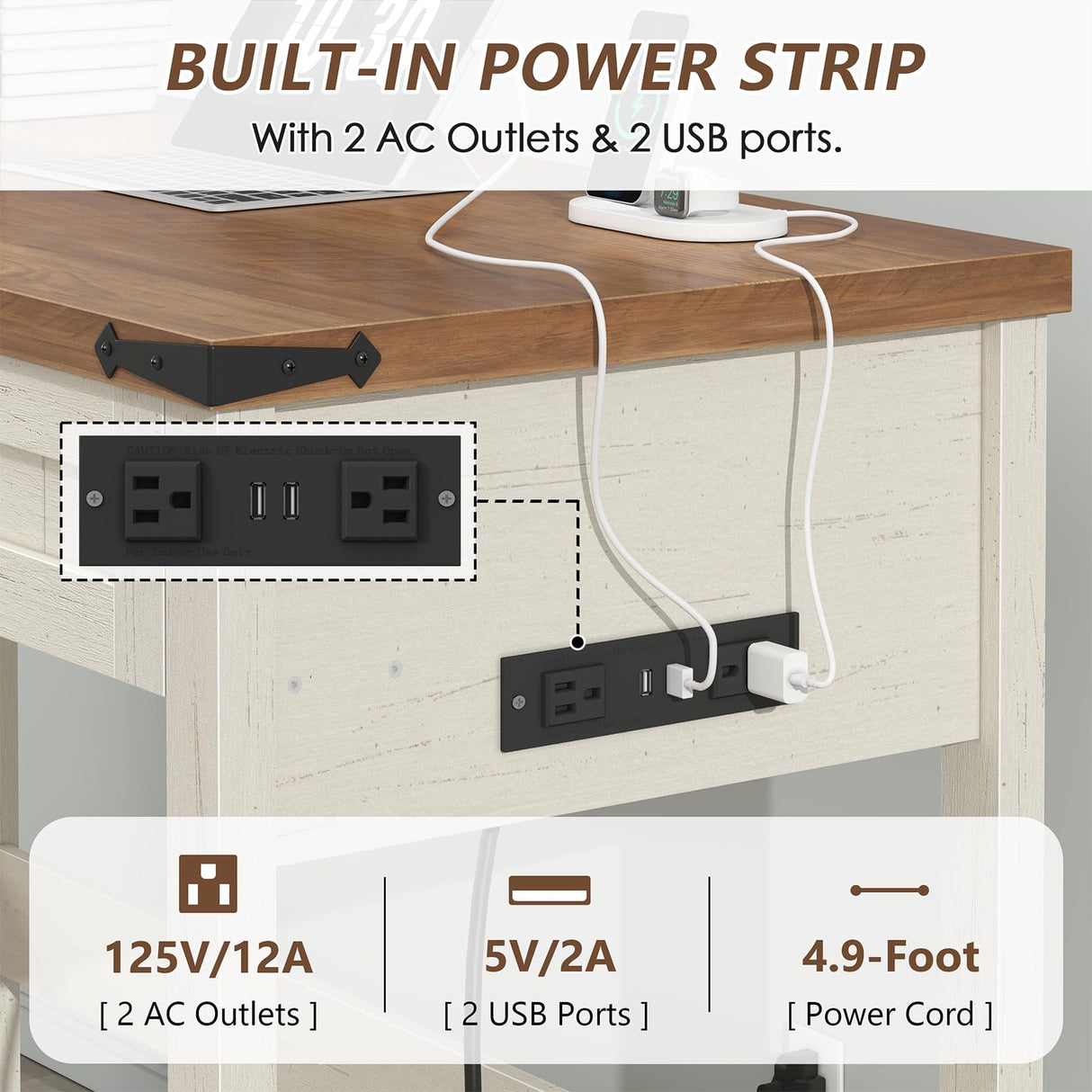 YOMILUVE Farmhouse Computer Desk with 2 Drawers, 39 Inch Small Office Computer Desk with Power Outlets, Compact Writing Study Desk for Small Spaces, Antique White YOMILUVE