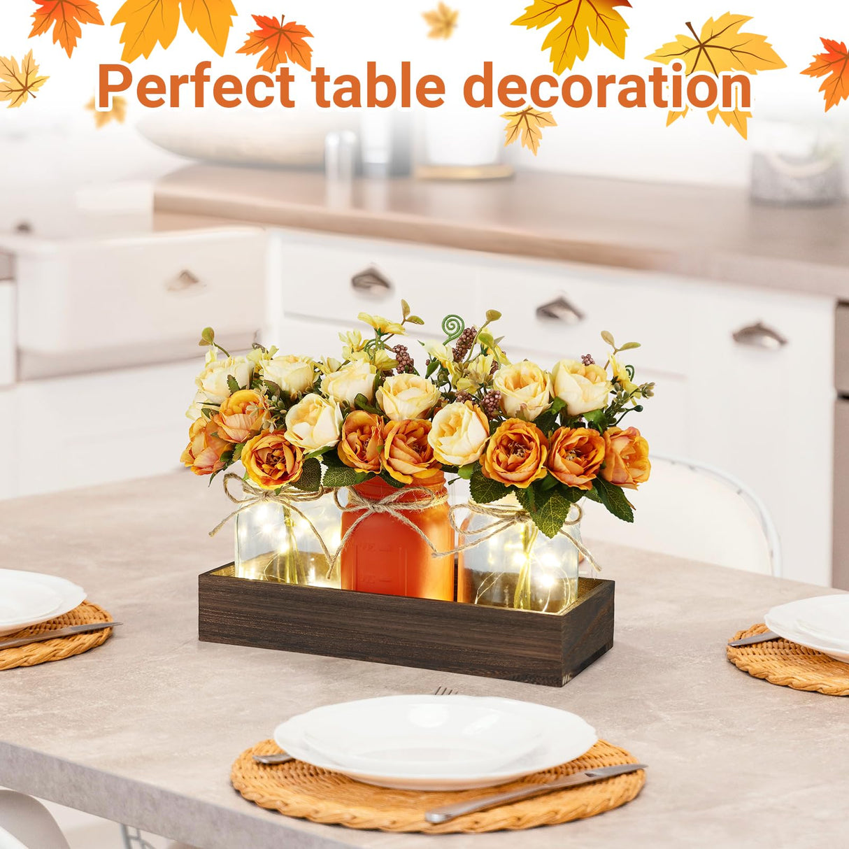 Mason Jar Lights Centerpiece Table Decorations Fall Decor for Home – 3 Jar Flowers with String Lights and Wooden Tray for Dining Room, Farmhouse Autumn Wedding, Kitchen, Living Room, Bathroom VAIPI