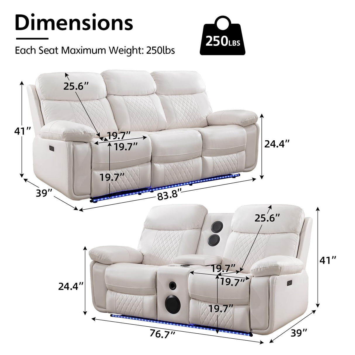 Power Recliner Sofa Set of 2 Piece with Bass Speakers for Living Room,Faux Leather Electric Zero Gravity 3 Seater Reclining Couch with Wireless Charger and Loveseat Theater Chair with LED Lights,White Comfort Stretch