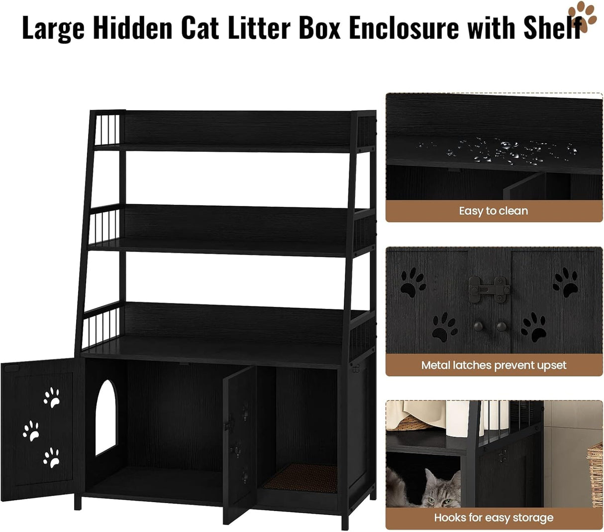 Recaceik Cat Litter Box Enclosure with Shelf Storage, Hidden Cat Washroom Furniture, Large Wood Cat Litter Box Furniture Hidden with Storage and Scratch, Fit Most of Litter Box, Black Recaceik