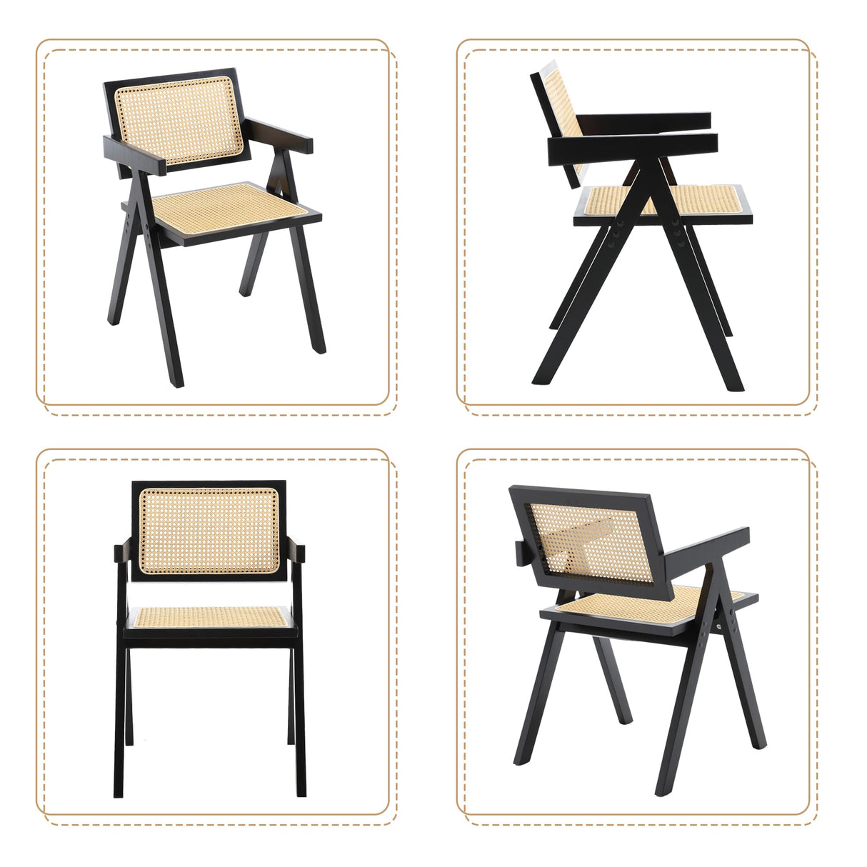 GOOLON Rattan Dining Chairs Set of 4, Rattan Chairs 18 Inch Seat Height for Dining Room, Modern Cane Dining Chair with Woven Backrest, Comfortable Seat, Sturdy Wood Frame for Indoor Kitchen, Black GOOLON