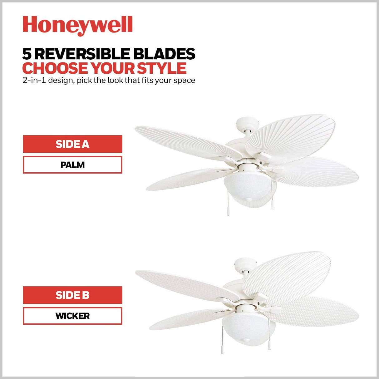 Honeywell Ceiling Fans Inland Breeze, 52 Inch Tropical Indoor Outdoor Ceiling Fan with Light, Pull Chain, Three Mount Options, Weather Resistant Blades - 50511-01 (White) Honeywell Ceiling Fans