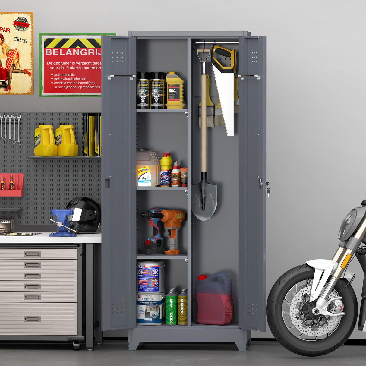 GREATMEET 65" Garage Storage Cabinet, Broom Closet Storage Cabinet, Metal Cabinets with Doors and Shelves, Utility Closet for Brooms and Mops, Utility Cabinets for Storage, Grey GREATMEET