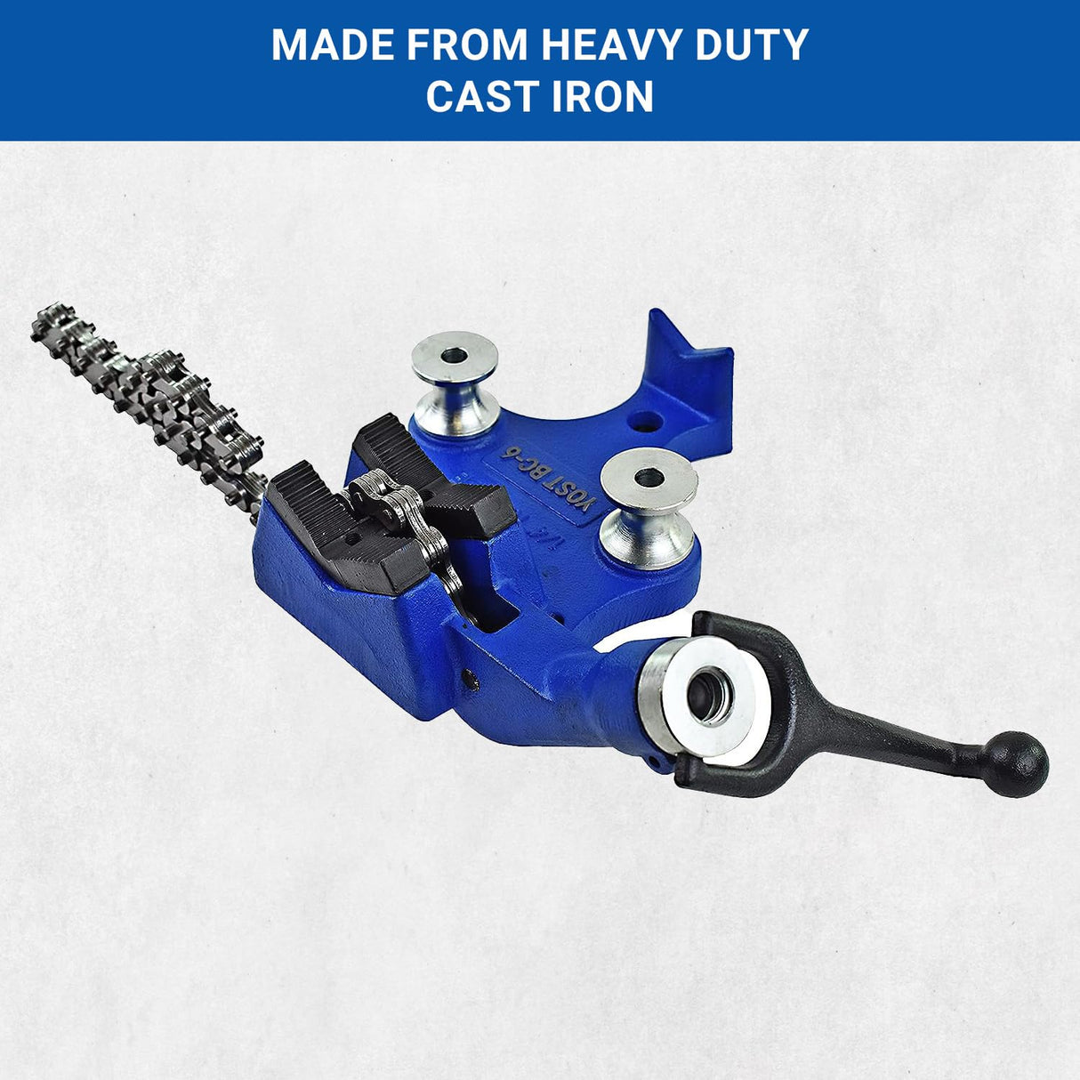 Yost Vises BC-6 Bench Chain Vise | 1/4 Inch to 6 Inch Pipe Clamp Capacity | Work Bench Vise | Heavy Duty Cast Iron Body and Durable Leg Chain | Blue Yost Tools