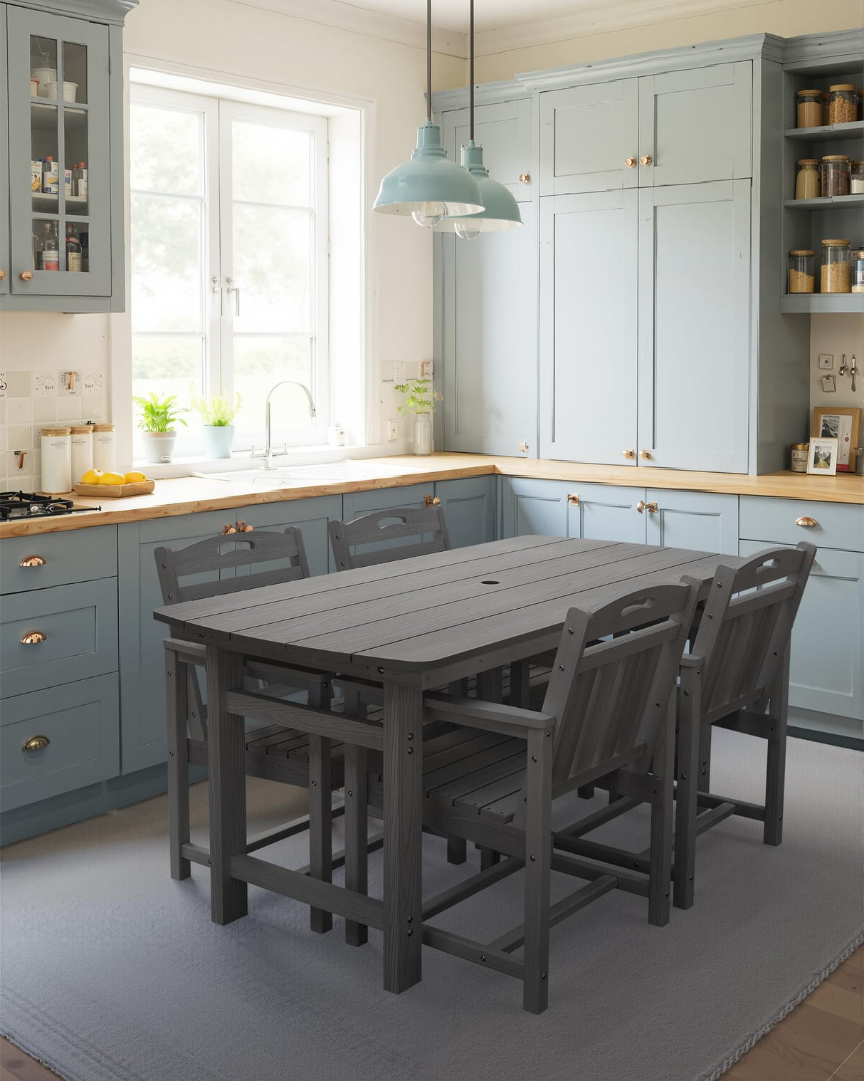 SUUNYN HDPE Outdoor Patio Dining Set with Table & 4 Chairs, All-Weather 5-Piece Outdoor Table and Chairs, 2" Umbrella Hole, Patio Furniture for Garden, Backyard, Deck | Grey SUUNYN