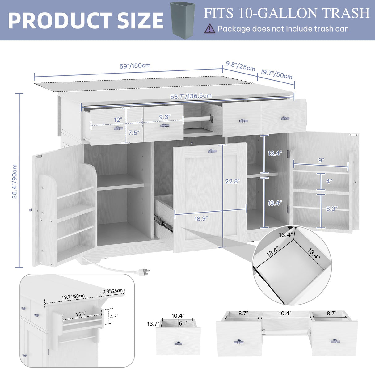 DWVO Kitchen Island with Drop Leaf, 59" Large Mobile Storage Islands with Power Outlet, Double Pull-Out Trash Can Cabinets Fits 10-Gal Garbage Bin, Rolling Kitchen Cart with Spice & Towel Rack, White DWVO