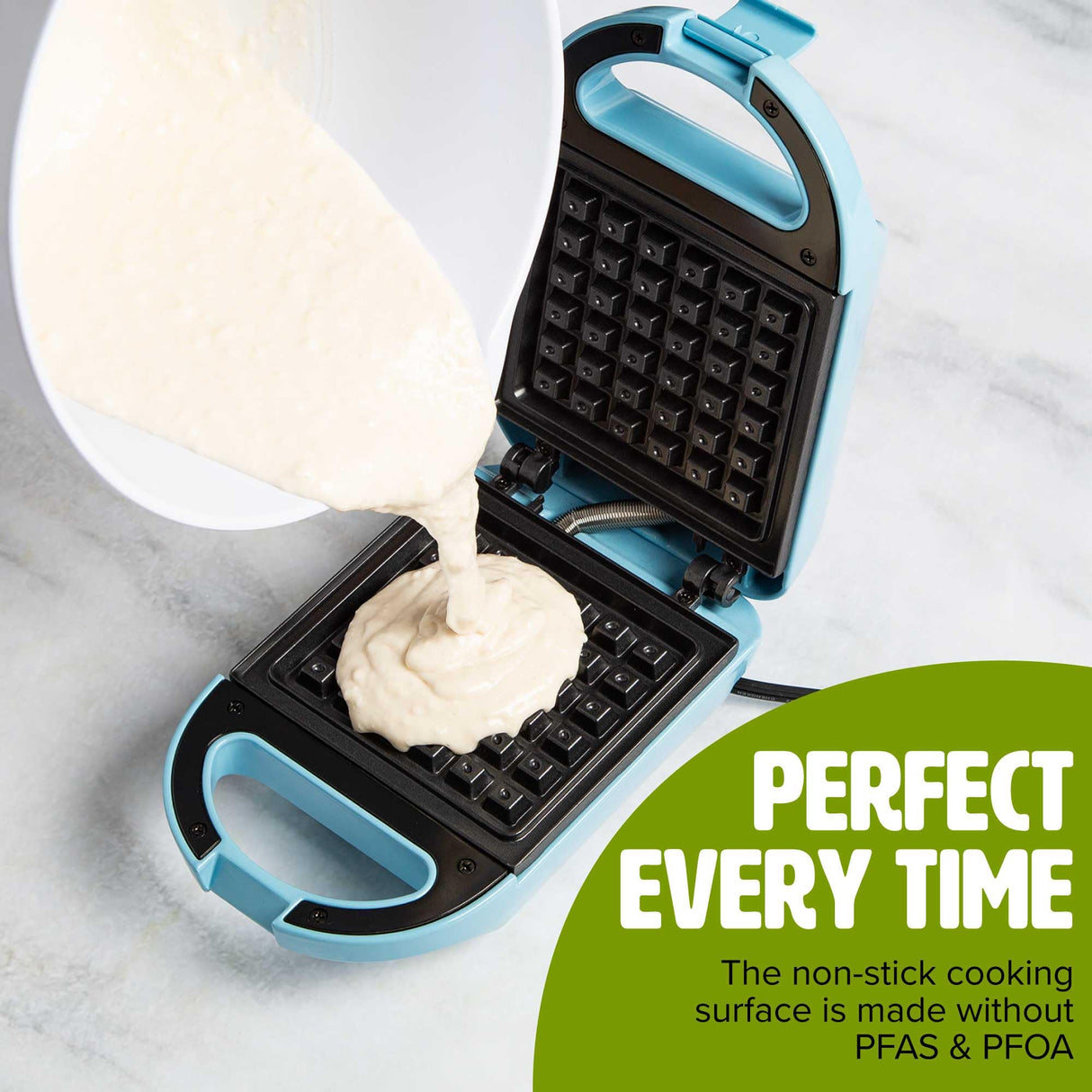 Tasty Mini Nonstick Waffle Maker, Perfect for Individual Waffles, Hash Browns, Brownies and more, Quick Results, Easy Clean Up, 600W, Blue Tasty