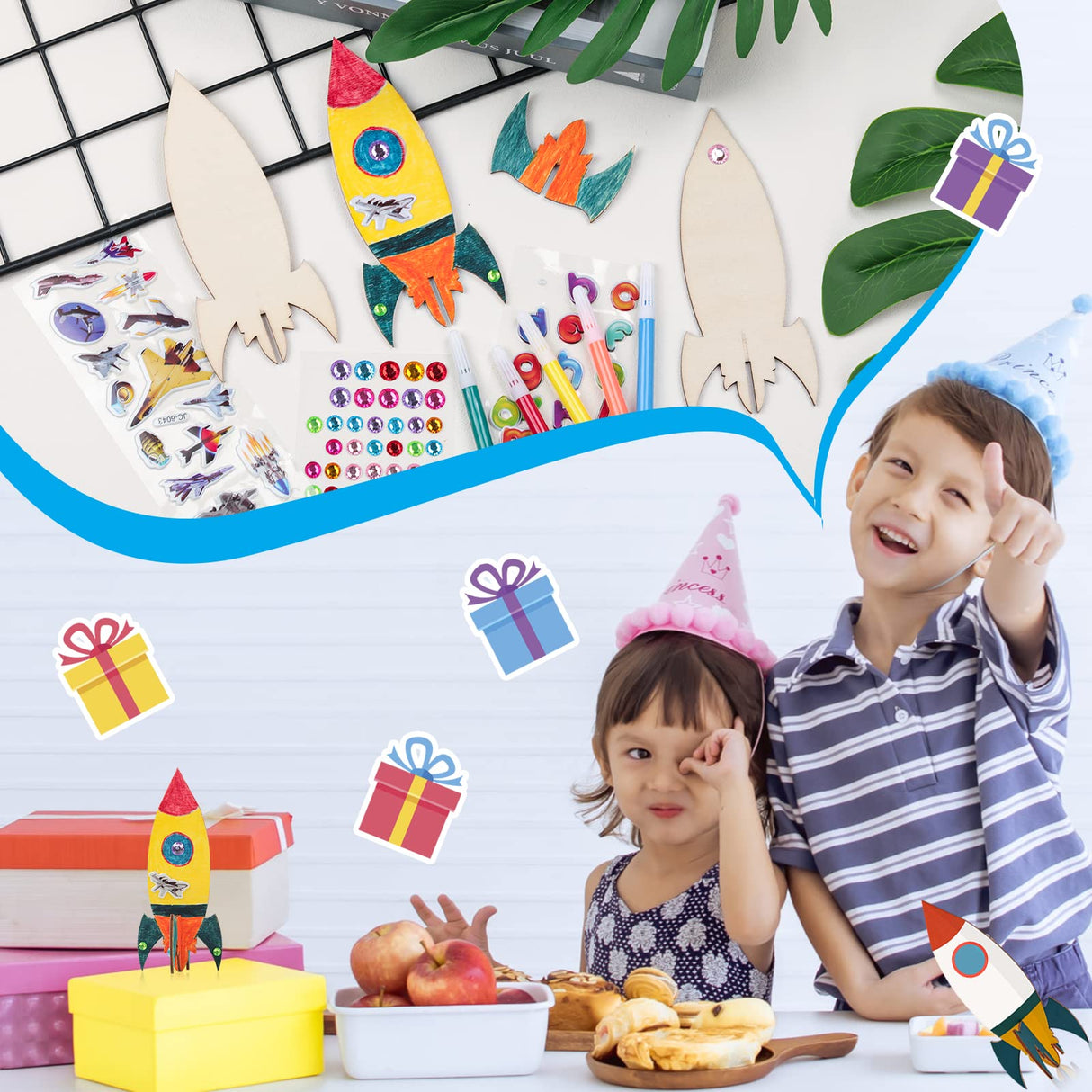 BAPHILE 12 Pack DIY Wood Rocket, Mini and Decorate Wooden Craft Kits With Tools for Kids School Home Party Decor Projects BAPHILE