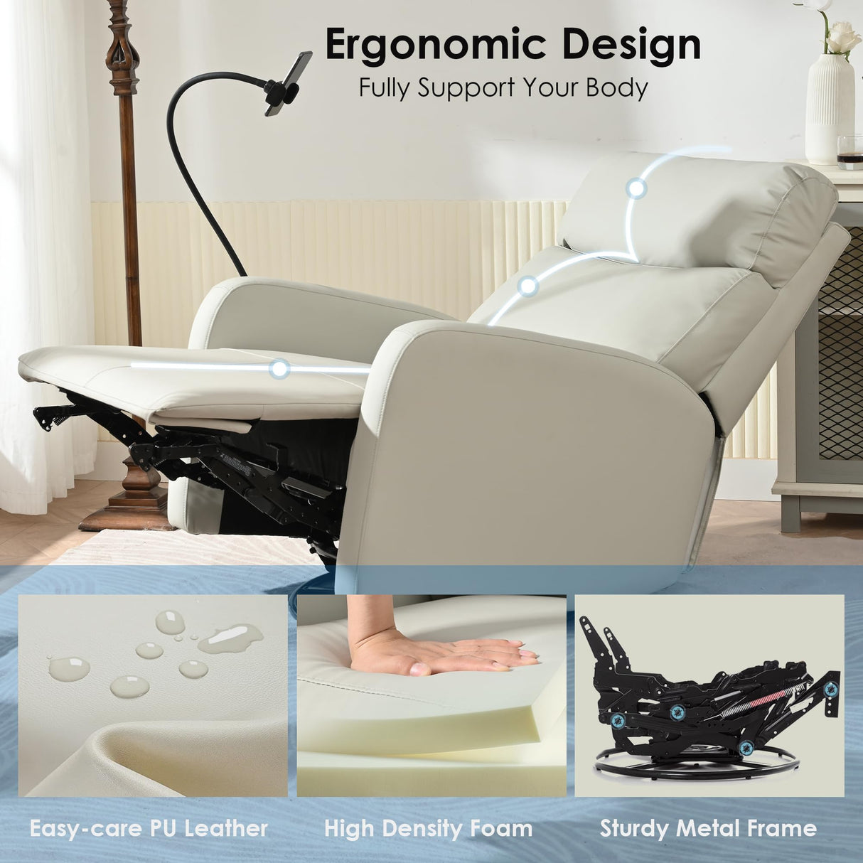 QicoFelix Swivel Rocker Recliner,Nursery Glider Recliner,Upholstered Rocking Recliner Chair with Phone Holder, PU Rocking Reclining Sofa for Living Room, Gray (360°Swivel) QicoFelix