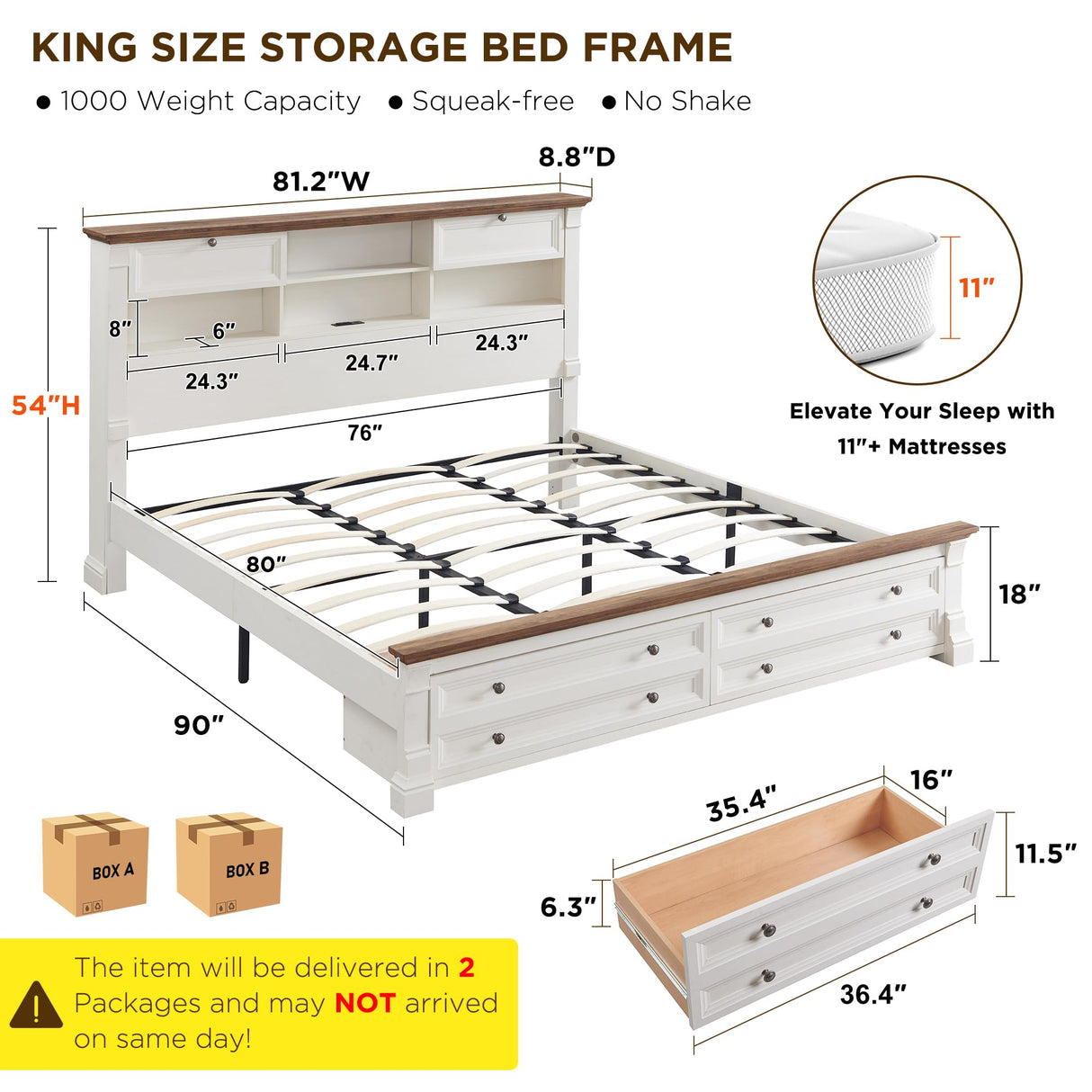 Farmhouse King Size Bed Frame with 54" Tall Storage Bookcase Headboard, Wood Platform Bed Frame with 2 Drawers & 18" Tall Roman Column Decoration Footboard, No Box Spring Needed(Antique White) T4TREAM