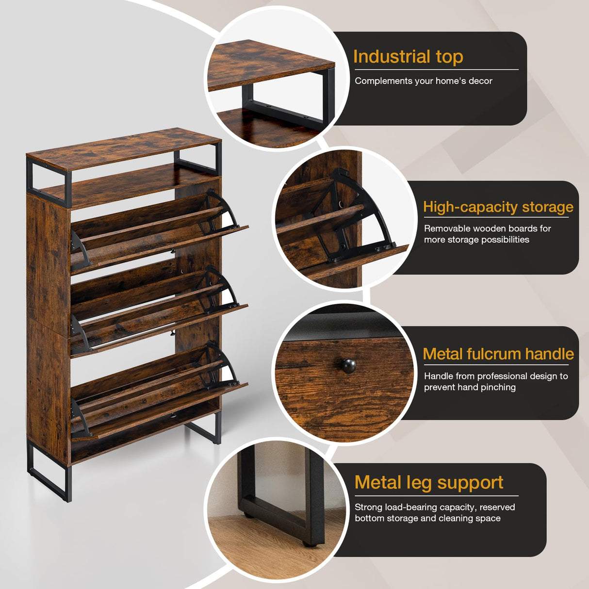 HOMMPA Shoe Storage Cabinet with 3 Flip Drawers, Freestanding Shoe Organizer with Metal Legs for Entryway, Narrow Shoe Rack Cabinet, Rustic Brown, 11.81''D x 31.49''W x 54.17''H HOMMPA