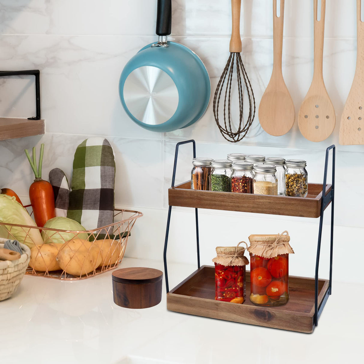 Acacia Bathroom Organizer Countertop 13.6 x 14 x 6.7 inches, 2-Tier Wood Counter Standing Rack, Countertop Storage Shelf for Organizing Bathroom Kitchen Office Desk Vanity Cosmetic Balcony Demigo