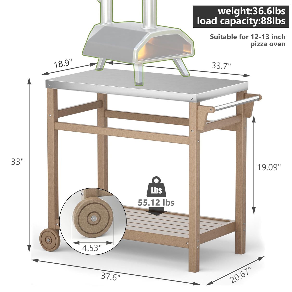 TORVA Outdoor Prep Grill Carts, 303 Stainless Steel Tabletop with High Load Capacity Portable BBQ Table, HDPE Durable Frame 2-Tier Storage Cart, Wood TORVA