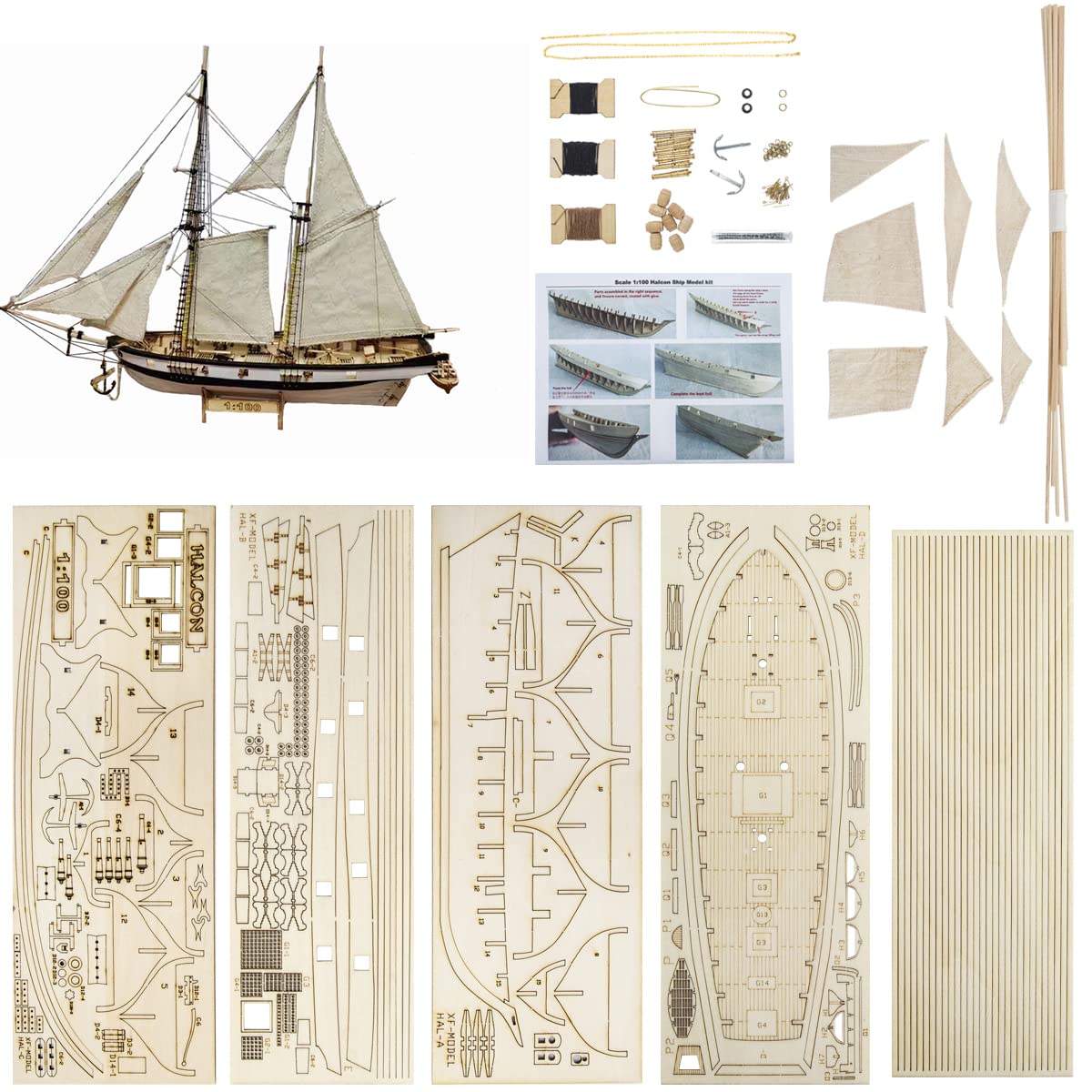 GAWEGM Wood Ship Model Kits for Adults to Build - Scale 1/100 1840 Halcon Baltimore Ship Wooden Model Kit, with Brass Upgrade Accessories, for Collections, DIY Handmade Crafts GAWEGM