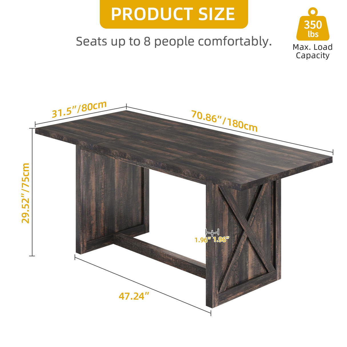 DWVO Farmhouse Large Dining Table for 6-8 People, 70.8 Inch Rectangular Wood Dining Table, Rustic Kitchen Dinner Table with X Solid Legs for Dining Room Grey DWVO