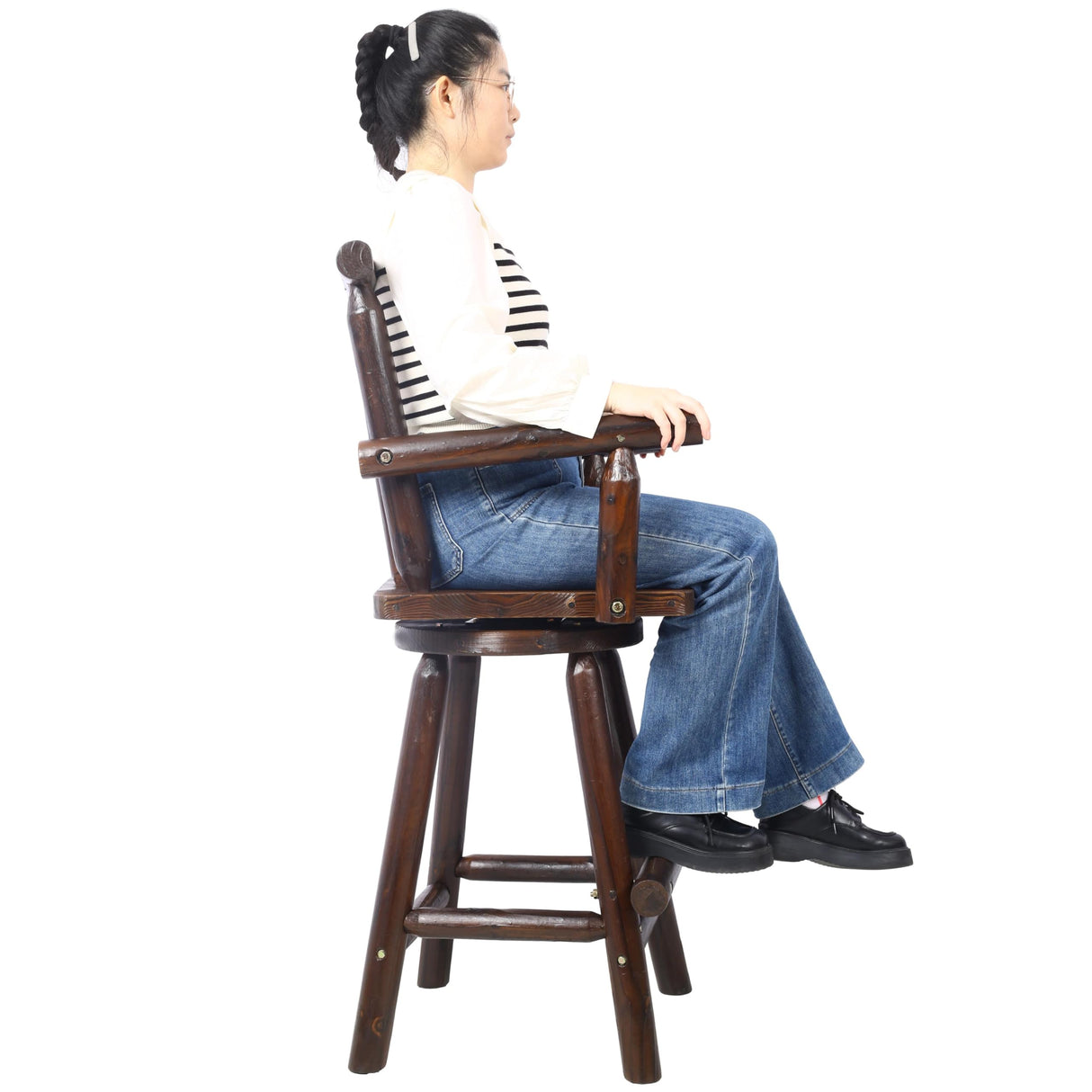 Lunanniu Bar Stool Wooden Swivel Pub Chair with Log-Style Armrests and Footrest Rustic Kitchen Dining Room Counter Height Seat Brown Lunanniu