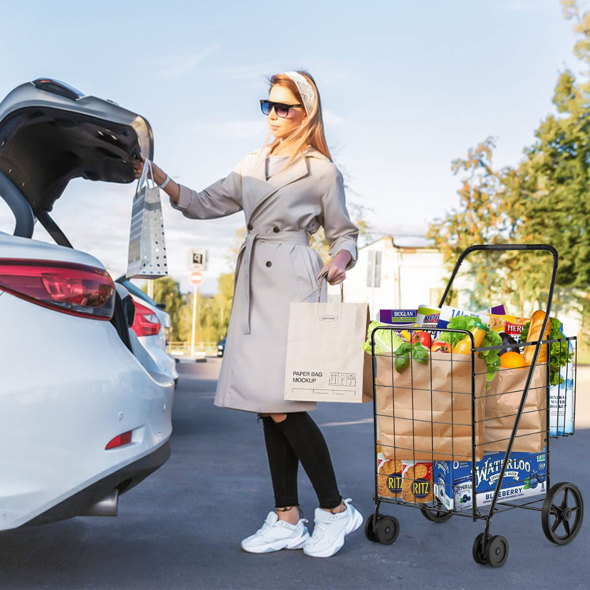 Goplus Jumbo Folding Shopping Cart with Rolling Swivel Wheels, Foldable Grocery Cart on Wheels with Double Basket, Heavy Duty Utility Cart, Shopping Carts for Groceries Laundry Book Luggage Travel Goplus