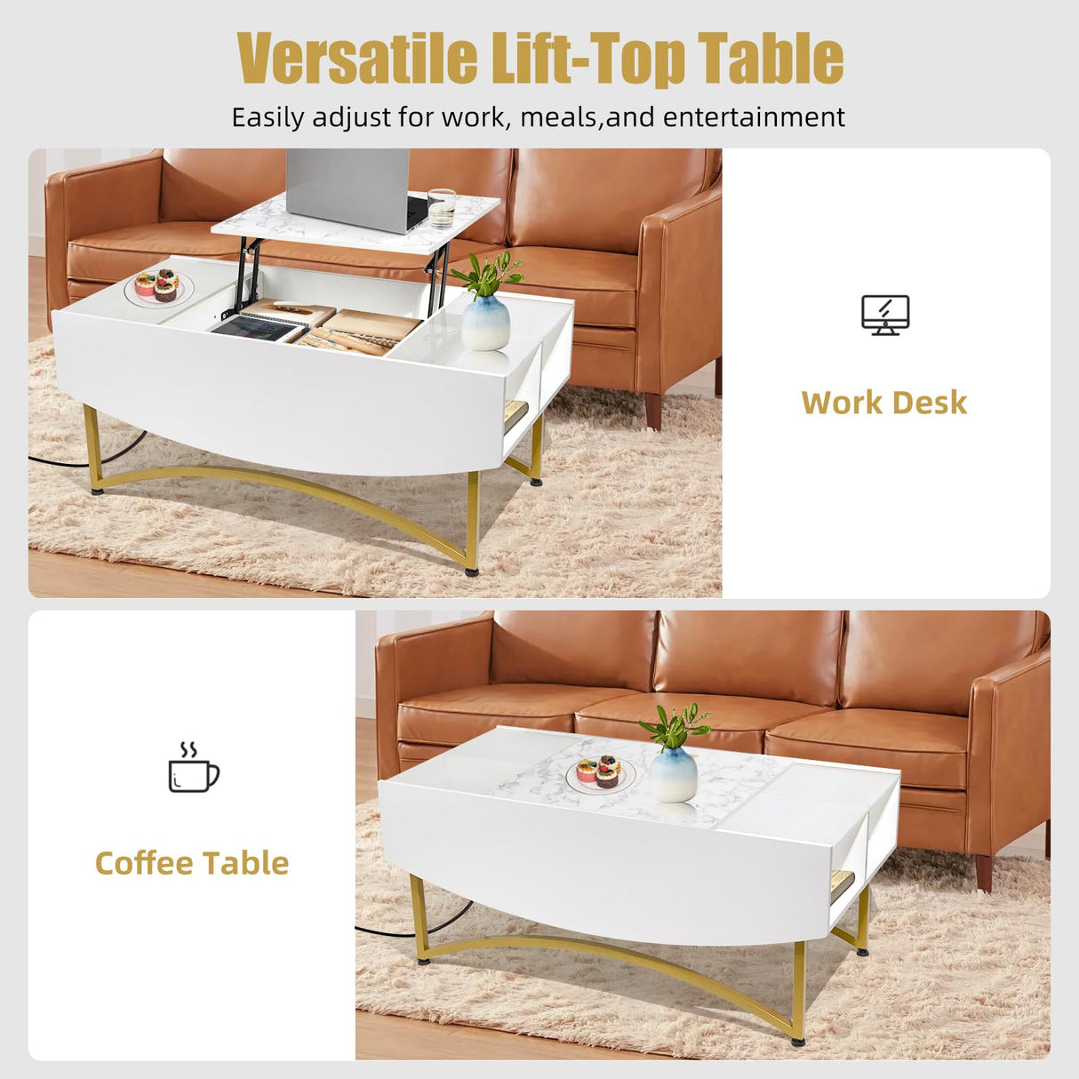 White and Gold Lift Top Coffee Table with Charging Station and LED Lights - 40" Lร20" Wร17" H Large Rectangle Marble Coffee Table Lift Top for Living Room, Glass & Marble-Pattern Tabletop, Metal Leg Caredear