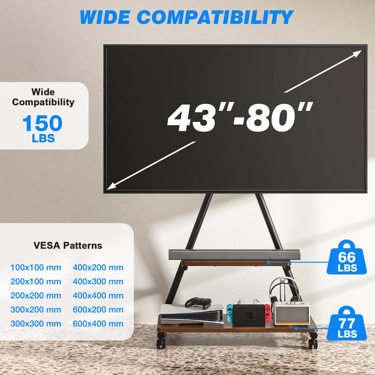 Rfiver Heavy Duty Rolling TV Stand for 43-80 Inch TVs up to 150lbs, Mobile TV Cart on Wheels with Dual Storage Shelves, Outdoor TV Stand with Tilt & Swivel Adjustment for Optimal Viewing Angles Rfiver