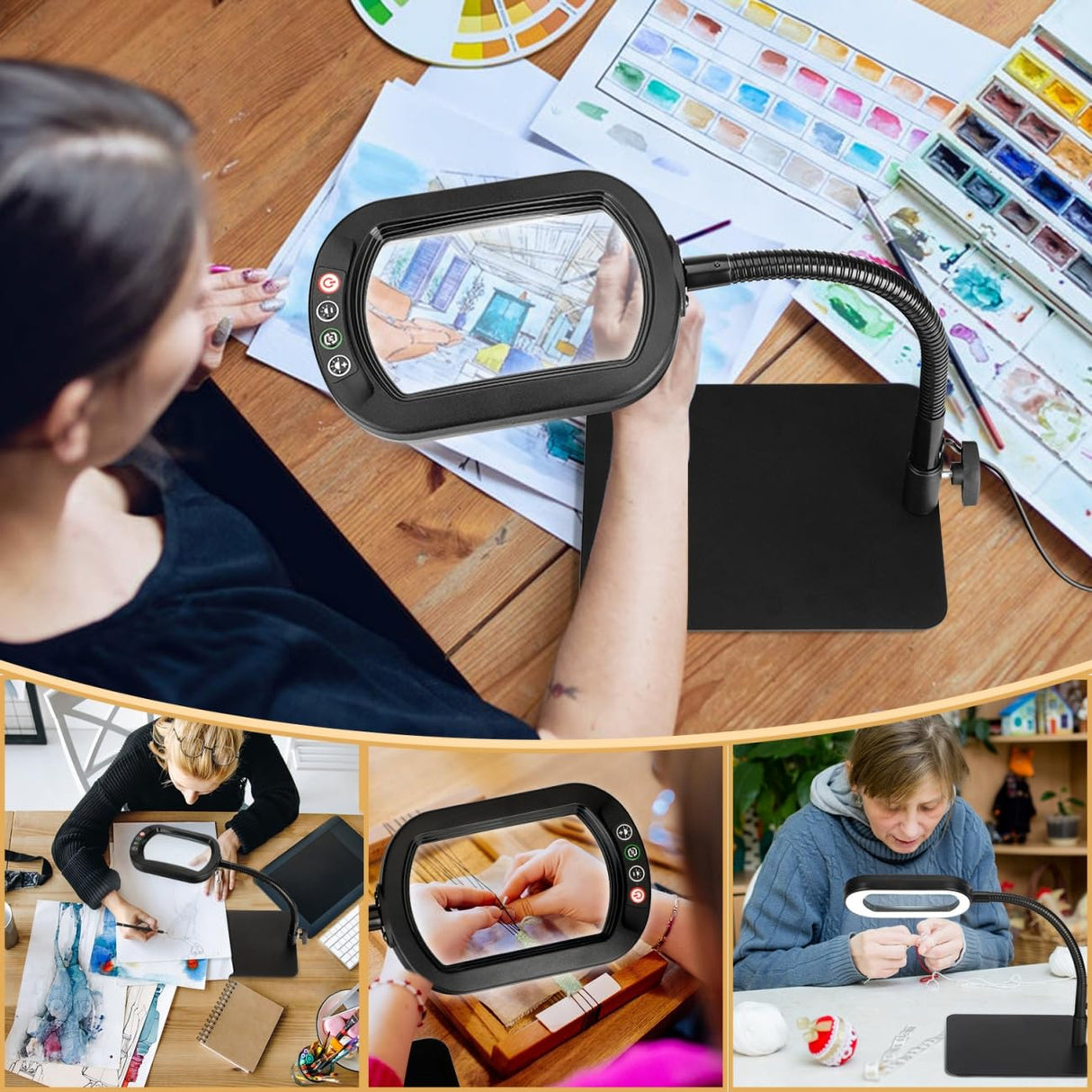 Veemagni 10X Rectangle Magnifying Glass with Light and Stand, Flexible Gooseneck LED Lighted Desk Lamp, 5 Color Modes Stepless Dimmable, Hands Free Magnifier for Reading Crafts Painting Close Work Veemagni