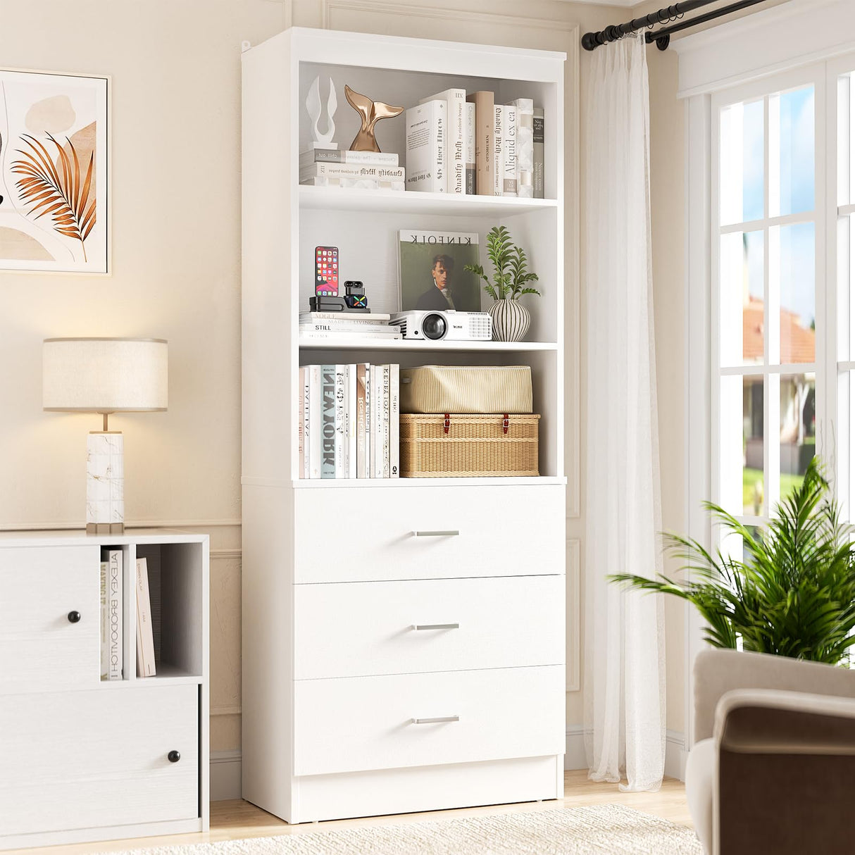 Aheaplus 71 Inches Bookshelf with Drawers, Wooden Bookcase with Open Shelves, 6-Tier Tall Storage Cabinet Book Shelf Storage Organizer for Living Room, Home Office, White (No Charge Station) Aheaplus