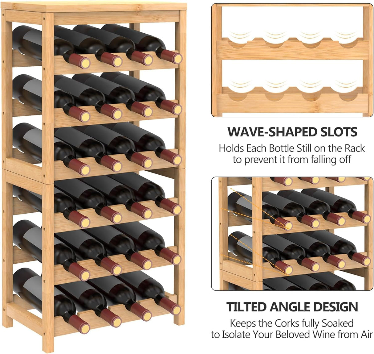 FoverOne 24-Bottle Wine Rack Freestanding Floor, 6 Tier Bamboo Wine Display Rack with Table Top, Wine Storage Shelf for Kitchen Dining Room Bar FoverOne