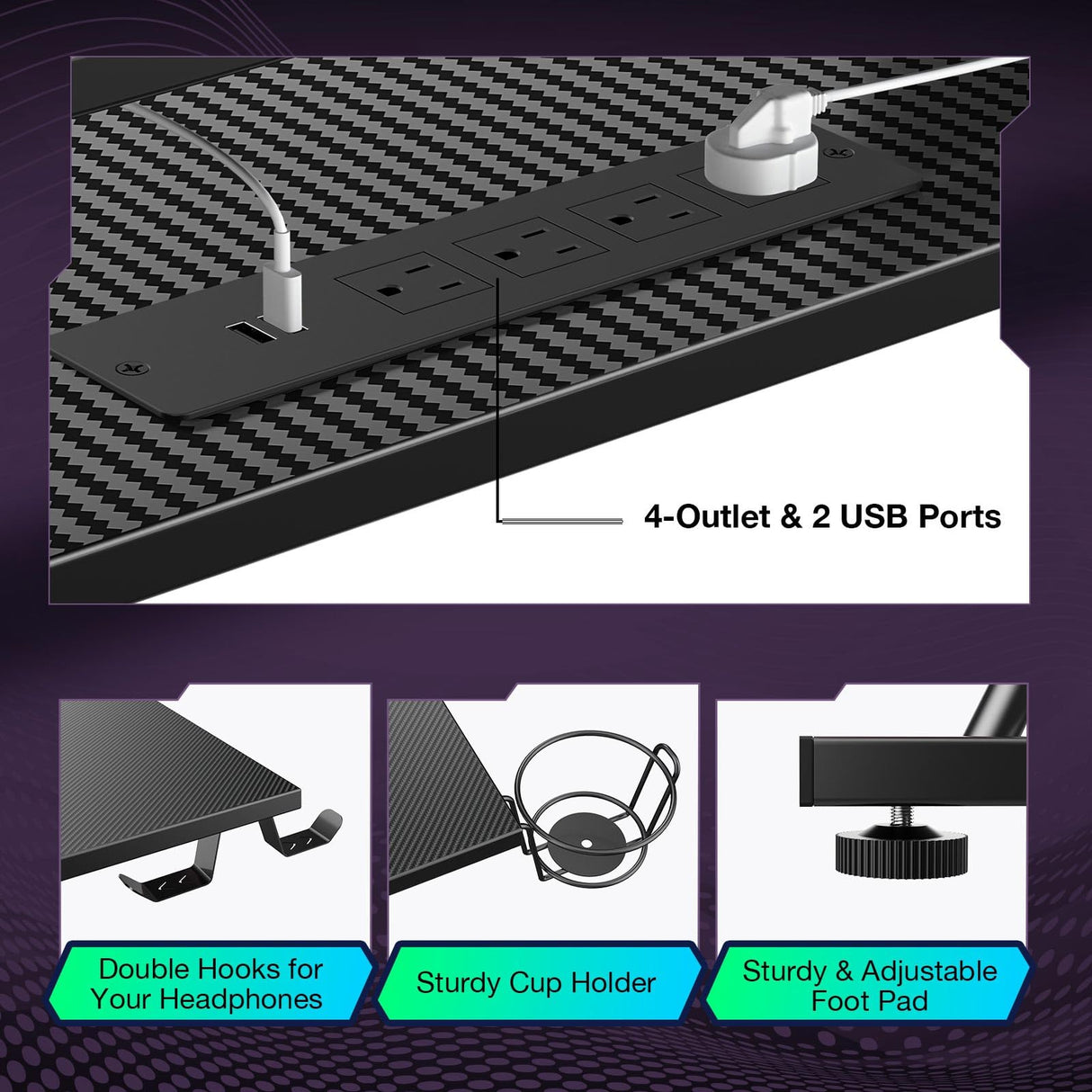 SEVEN WARRIOR L Shaped Gaming Desk with LED Lights & Power Outlets, 58” Computer Desk with Monitor Stand & Carbon Fiber Surface, Corner Desk with Cup Holder, Gaming Table with Hooks, Black SEVEN WARRIOR