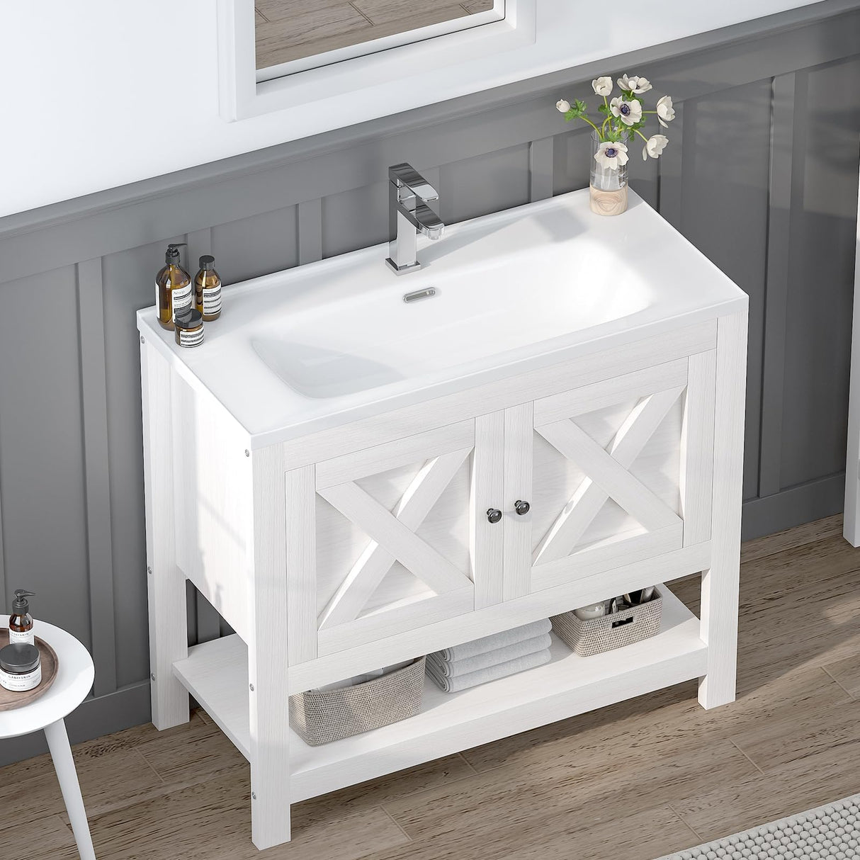 4ever2buy Farmhouse Bathroom Vanity with Sink, 35 Inch Bathroom Vanity Cabinet, Freestanding Vanity, 2 Doors and Open Shelf, Bathroom Cabinet with Ceramic Sink, White 4ever2buy