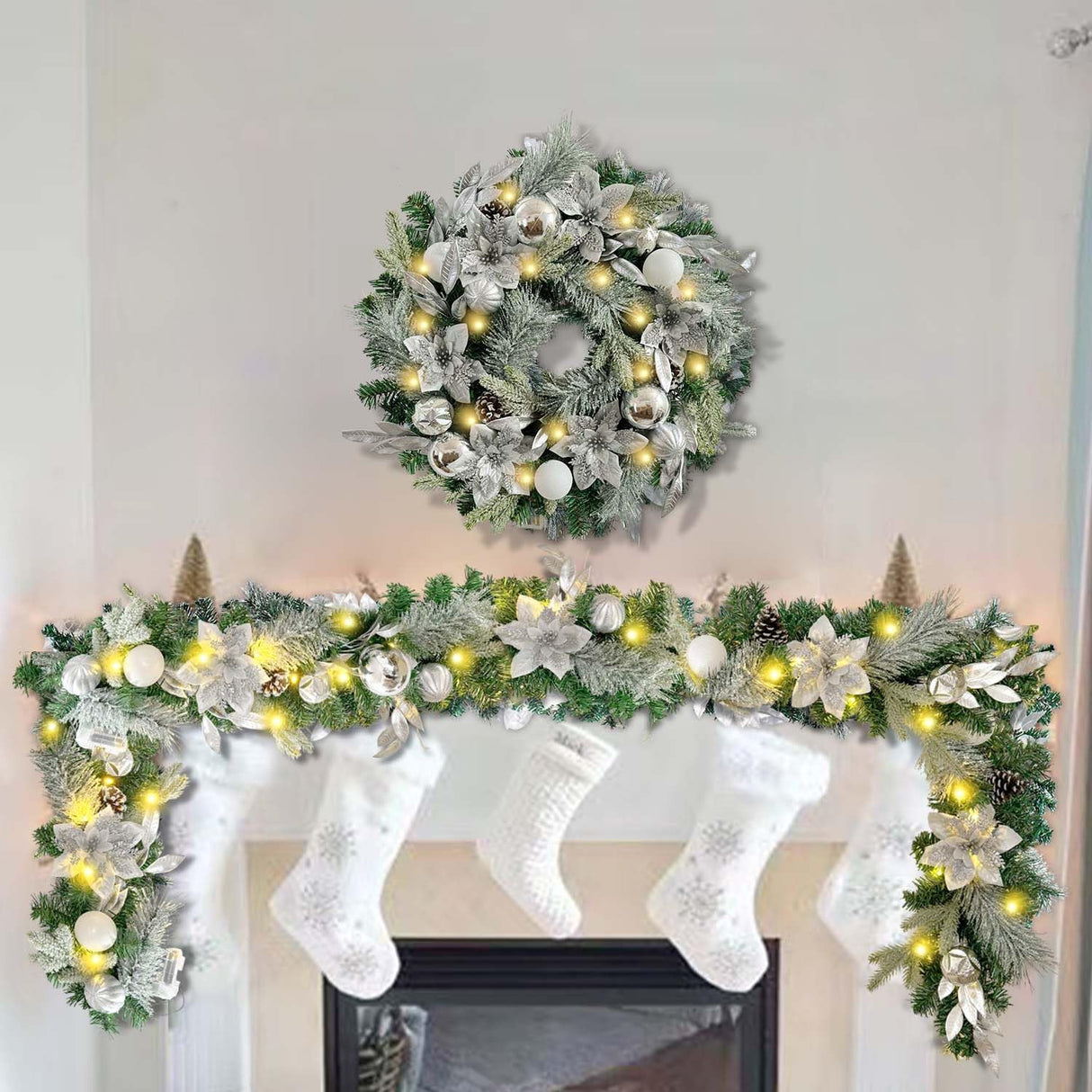 WANNA-CUL Pre-Lit 24 Inch Lighted Christmas Wreath for Front Door Decor with Silver White Christmas Ball Ornaments and Poinsettia Flowers,Battery Operated 30 LED Lights WANNA-CUL