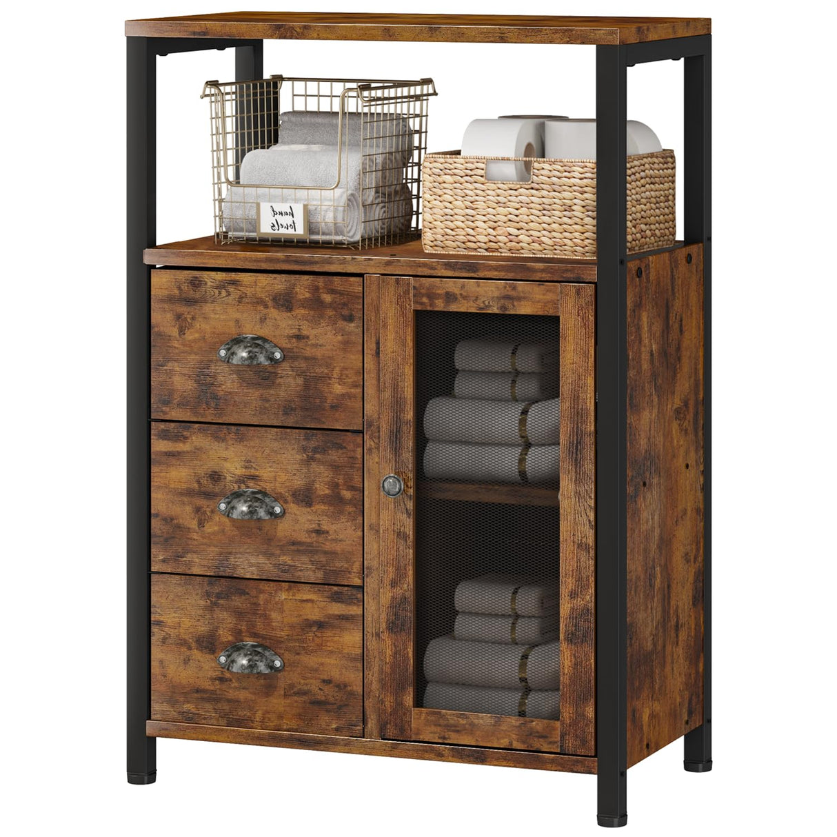 Homeiju Storage Cabinet, Bathroom Storage Cabinet Organizer with 3 Removable Drawers and 1 Door, Industrial Floor Storage Cabinet for Kitchen, Living Room, Bathroom, Home Office Homeiju