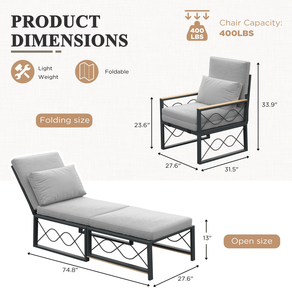 AECOJOY Outdoor Metal Chaise Lounge Chair, Convertible Patio Armchair with Cushions, Adjustable 5-Position Sun Recliner with Full Flat Tanning Function for Outside, Pool, 1 Pack AECOJOY