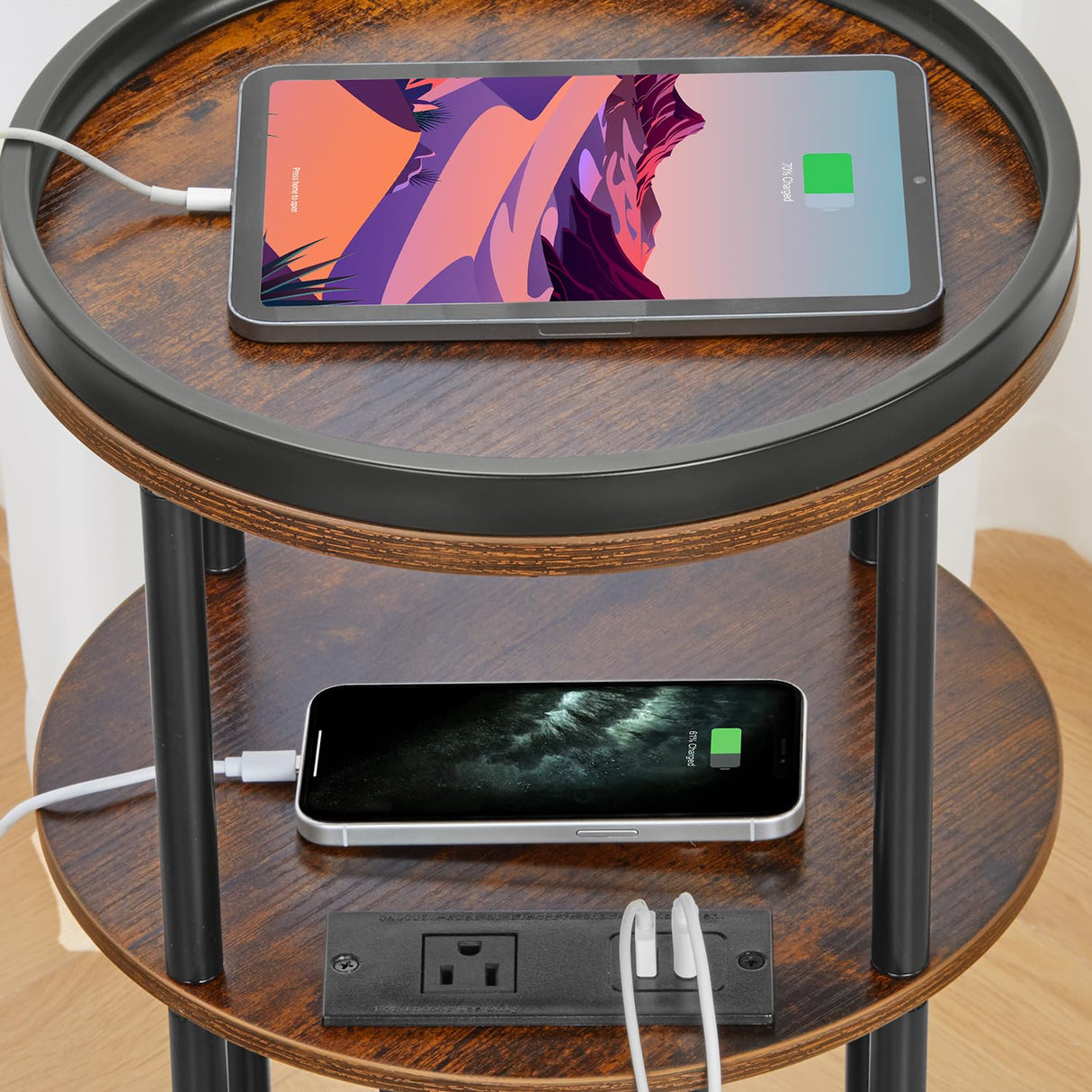 Small Round Side Table with Charging Station for Small Spaces, 3-Tier Round Accent Table with USB Ports & Power Outlets, Round Corner Table Tea Sofa Side Table for Living Room Bedroom (Rustic Brown) ZEXVIDA