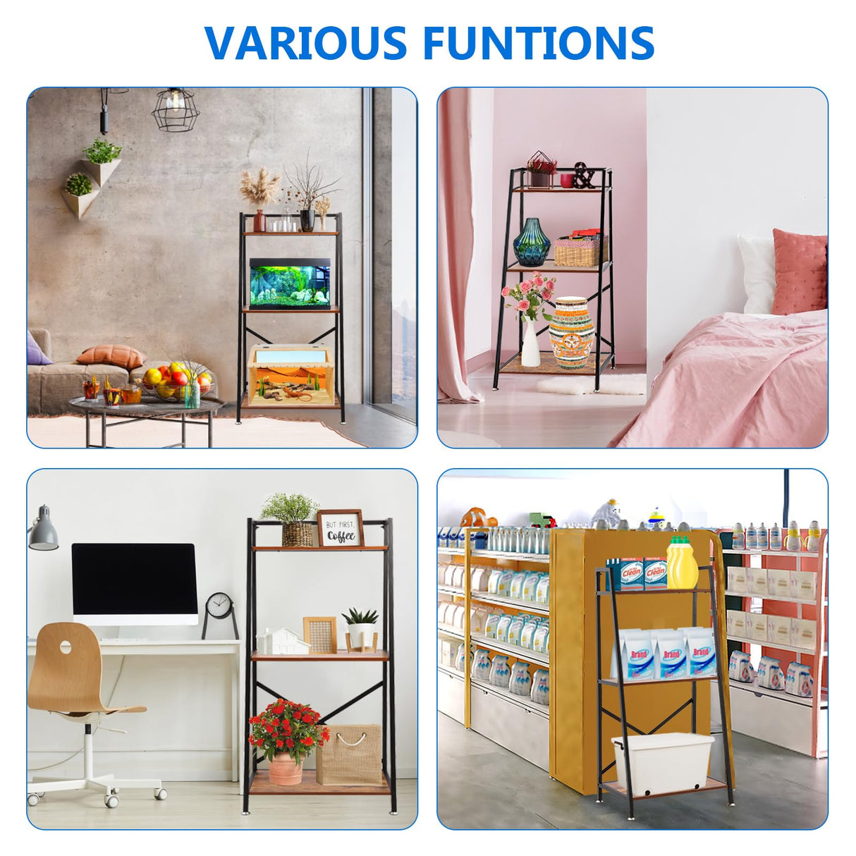 Eastern Tree Fish Tank Stand for 10-20 Gallon Aquarium, Aquarium Stand with Wooden Shelf for Storage, 3-Tiers Metal Tank Stand Fit Reptile Tank, Turtle Tank, Planting Tank, Display at Home or Office Eastern Tree