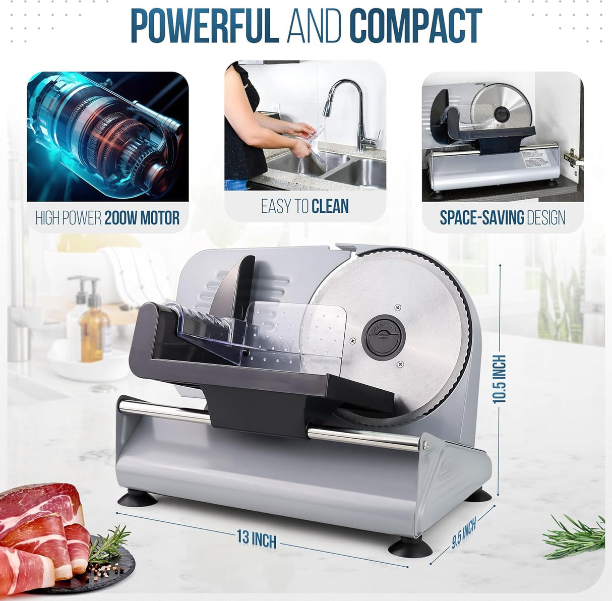 Meat Slicer, 200W Powerful Electric Food Slicer-Deli Meat Slicer Machine for Home Use for, Cheese, Bread, Vegetables-2 Round 7.5" Stainless Steel Blade, Child Lock Protection & Adjustable Thickness Ecomerr