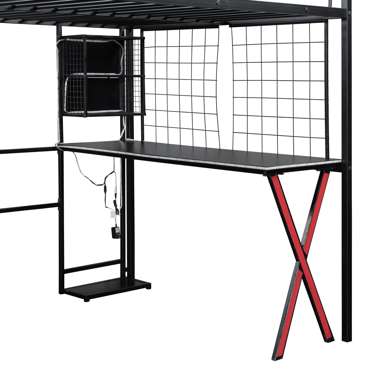 MERITLINE Full Gaming Loft Bed with Desk and Storage Wardrobe& LED RGB,Metal Gaming Bed with Stairs and Storage Case,for Adults Teens (Black) MERITLINE
