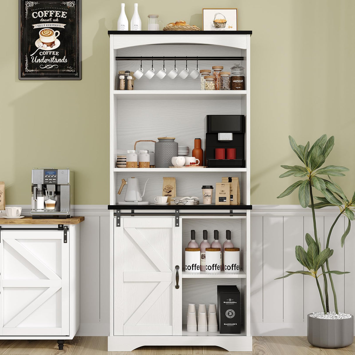 4ever2buy Farmhouse Tall Coffee Bar with Tall Hutch, White Coffee Bar Cabinet with 3 Tier Shelves, 70 Inch Buffet Cabinet with Sliding Barn Door and Adjustable Shelves for Living Dining Room 4ever2buy