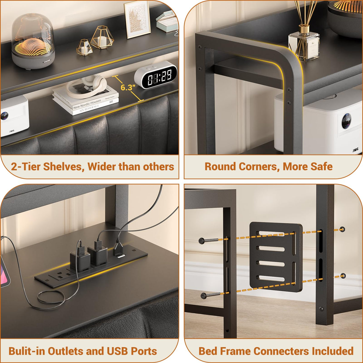 Aheaplus Queen Size Upholstered Headboard with USB Ports, Outlets, LED Lights, and Storage – Black Aheaplus