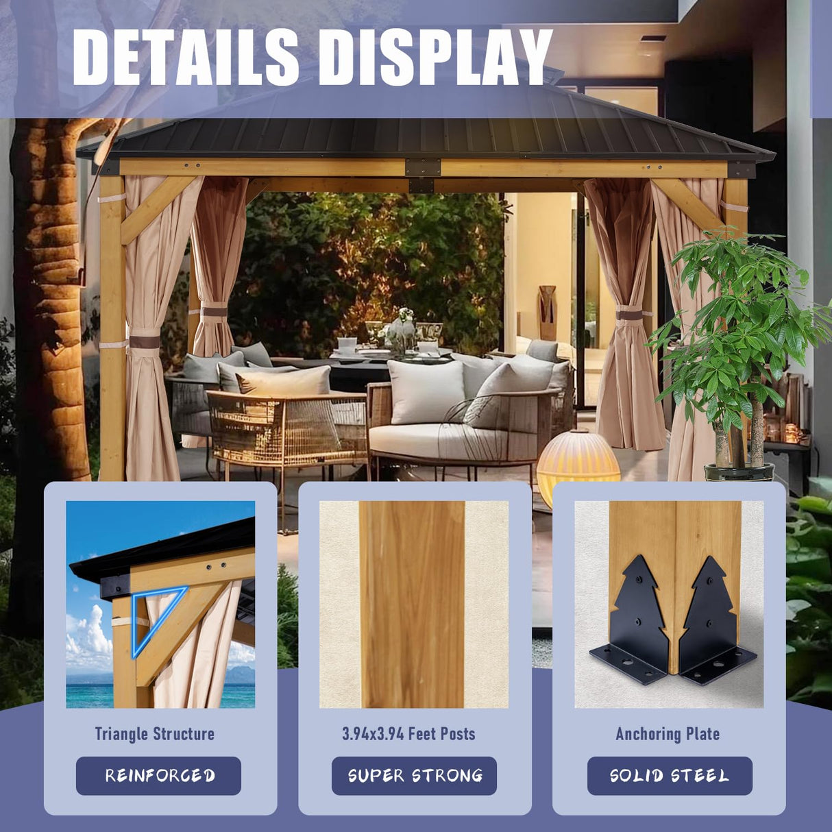 CHARMELEON 10'x12' Wood Gazebo,Patio Cedar Wood Gazebo with Mosquito Netting and Curtains, Galvanized Steel Hardtop Pavilion for Outdoor, Garden, Deck CHARMELEON