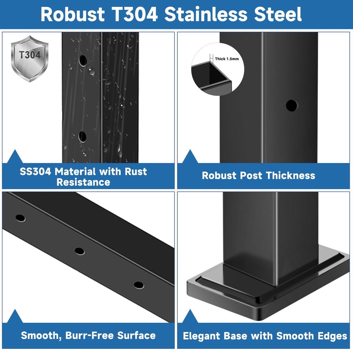 Gyykzz 4 Pack Cable Railing Post 36Inch, Level Drilled Railing Post with Flat Design Silicon Rings, Stainless Steel Horizontal Hole Deck Wire Railing Posts, Black Flat Top Metal Post (No Handrail) Gyykzz