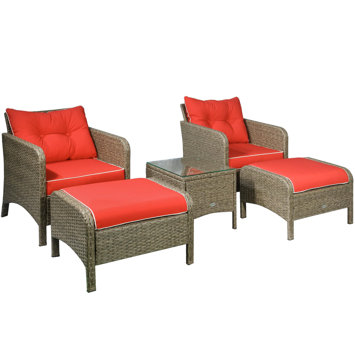 Outsunny 5 Pieces Rattan Wicker Lounge Chair Outdoor Patio Conversation Set with 2 Cushioned Chairs, 2 Ottomans and Tempered Glass Top Coffee Table, Brown/Red Outsunny