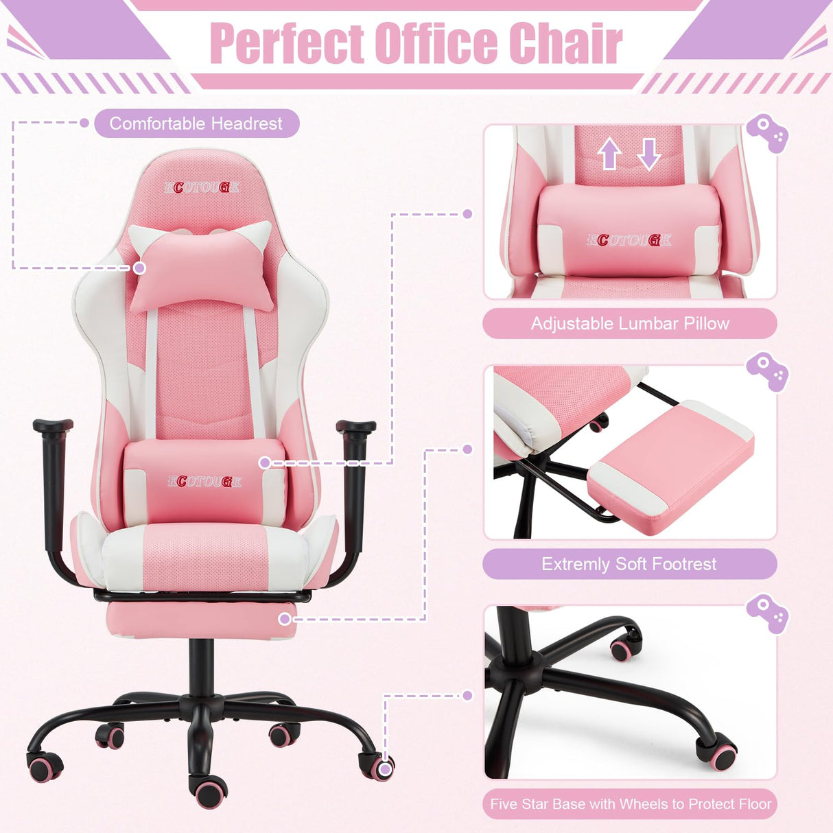 ECOTOUGE PC Gaming Chair Massage Ergonomic Office Desk Chair Racing PU Leather Recliner Swivel Rocker with Headrest and Lumbar Pillow, Pink-White ECOTOUGE