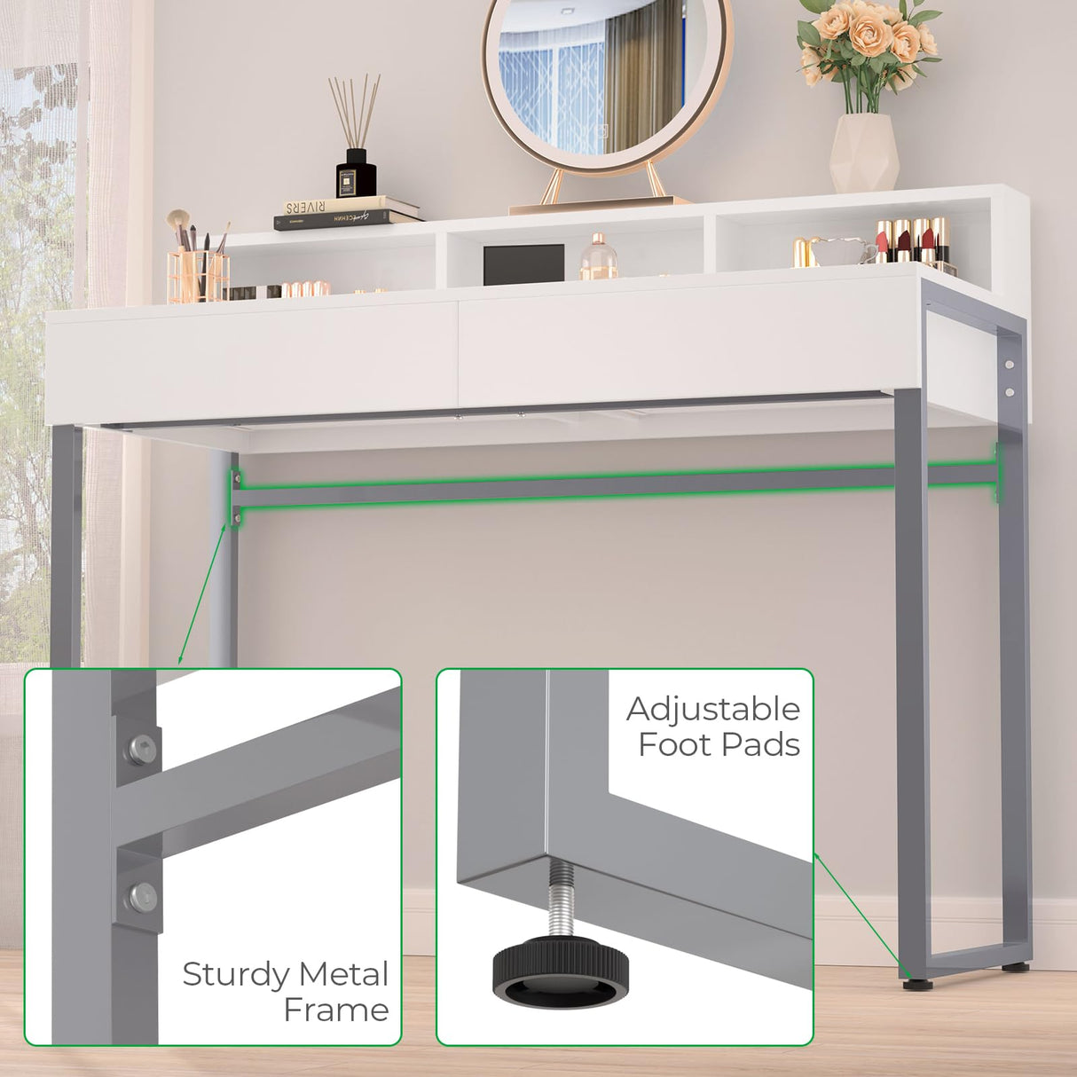 GreenForest Vanity Desk with 2 Drawers, White Makeup Desk with 3 Storage Spaces, 40 inch Small Desk with Silver Metal Legs, Modern Home Office Desk for Kids, Bedroom (No Mirror) GreenForest