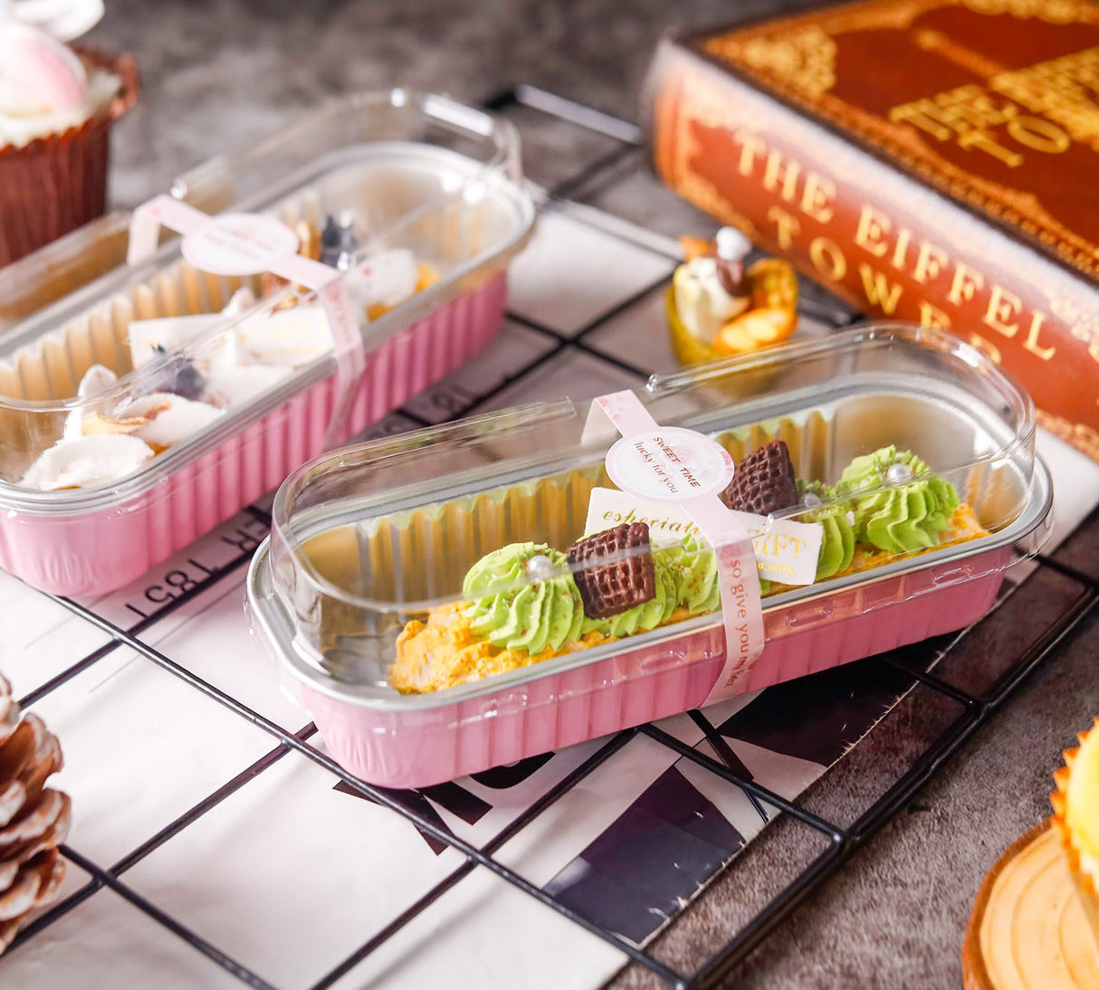 NPLUX 50 PACK Mini Cake Pans with Lids and Spoons,Rectangular Aluminum Foil Bread Pan,Mini Loaf Pans and Food Containers with Lids(Pink,6.8oz) NPLUX