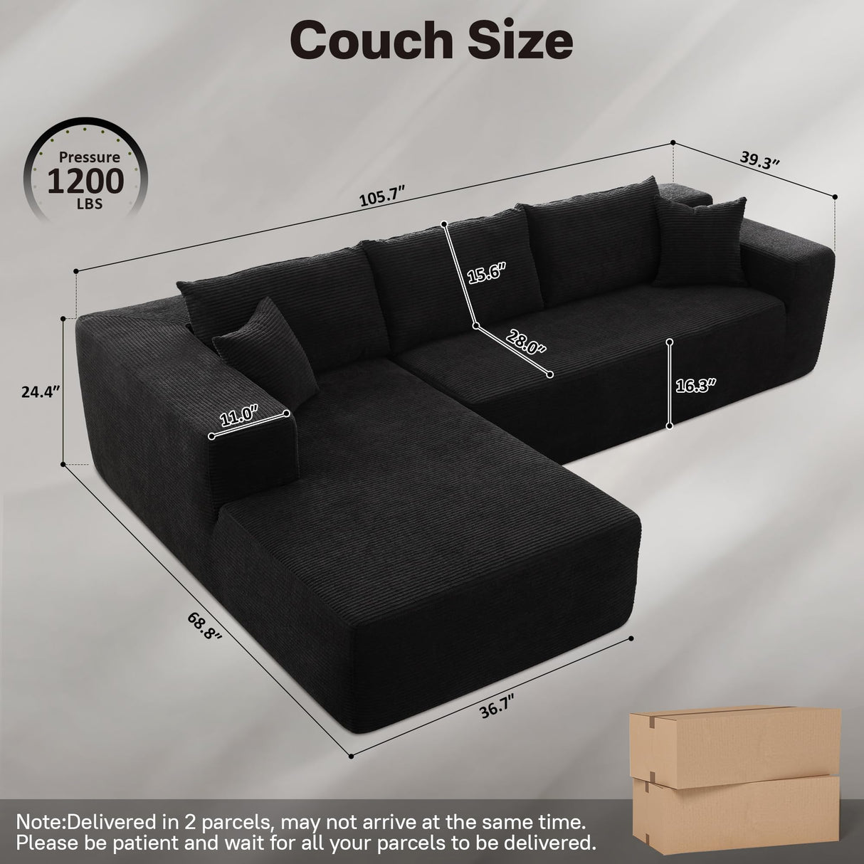 ALTRIGUS 104" Cloudy Sectional L Shaped Couch for Living Room, No Assembly Required, Modular Comfy Sofa with Deep Seat, Fluffy Couch with Sleeper Chaise for Apartment Lounge (Black) ALTRIGUS