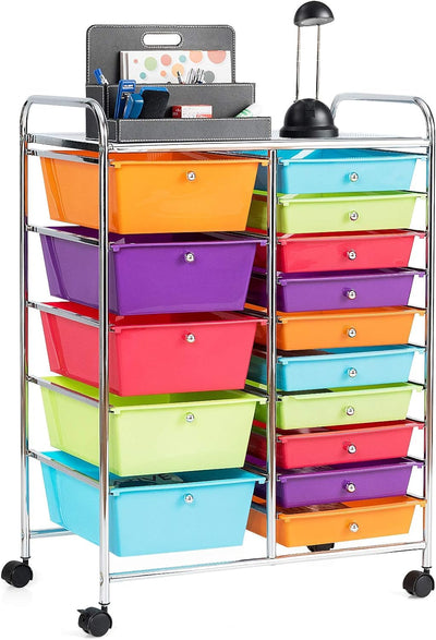 LUARANE Rolling Cart with 15 Drawers, Craft Storage Cart with Portable Handles & Lockable Wheels, Mobile Toys Organizer, Large Capacity Utility Drawer Cart Home Office School Teacher (Multi-colored)
