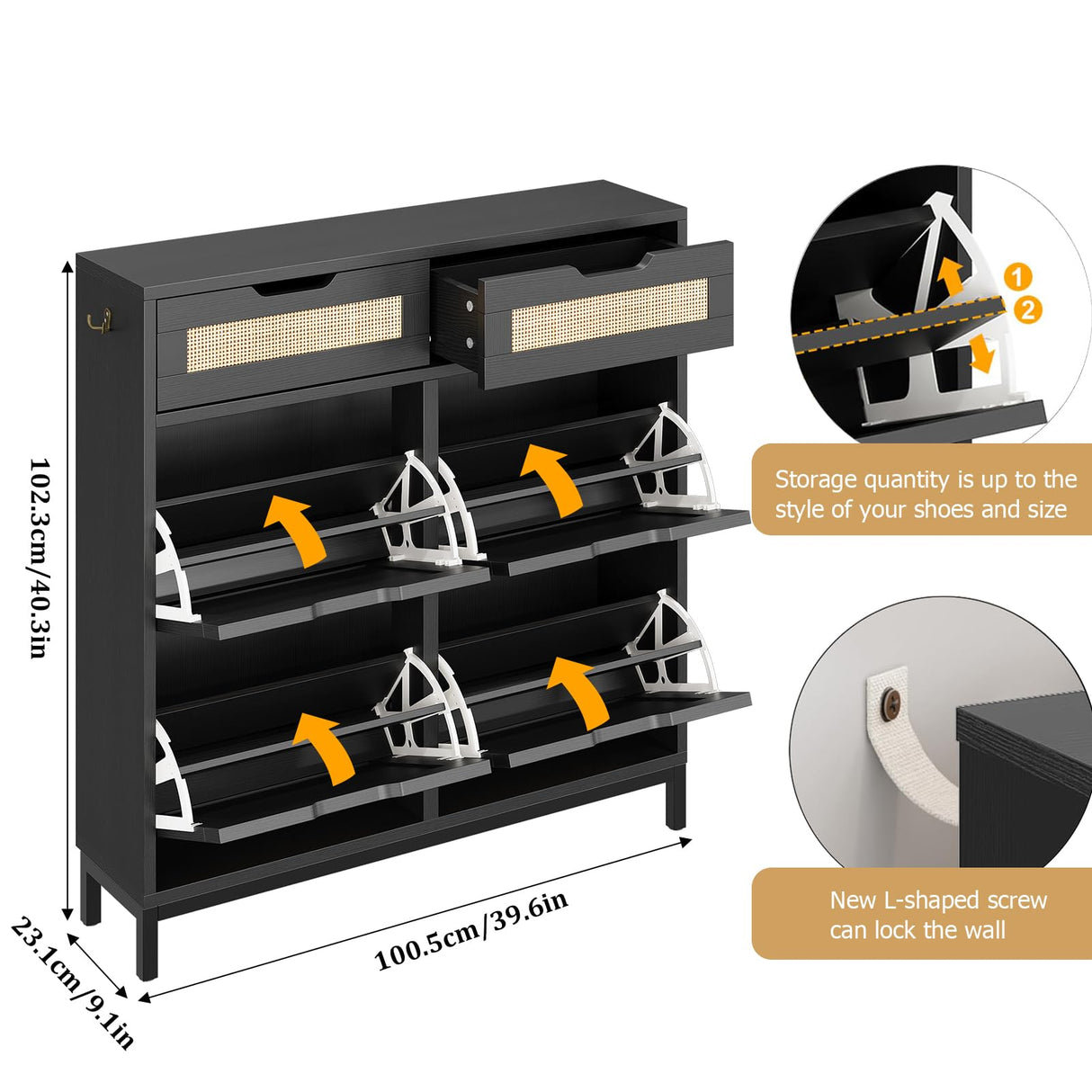 Jocoevol Rattan Shoe Cabinet for Entryway with 4 Flip Drawers & 2 Top Drawers, Freestanding Narrow Shoe Storage Cabinet with Metal Legs for Foyer, Hallway (Black) Jocoevol